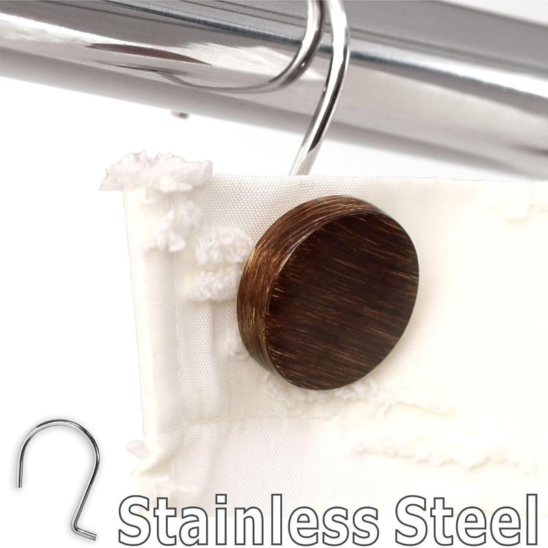 Popkozzi Farmhouse Boho Shower Curtain Hooks: Rustic Wood Textured Resin Button Hooks Stainless Steel Rings - Decorative Fall Winter Christmas Bathroom Accessories for Western Vintage & Nature-Inspired Décor - Image 2